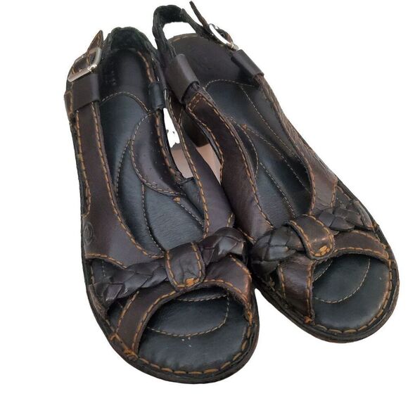 Born Leather Brown Sandals. Braided Staps. Size 7  2" heel. - Picture 1 of 5